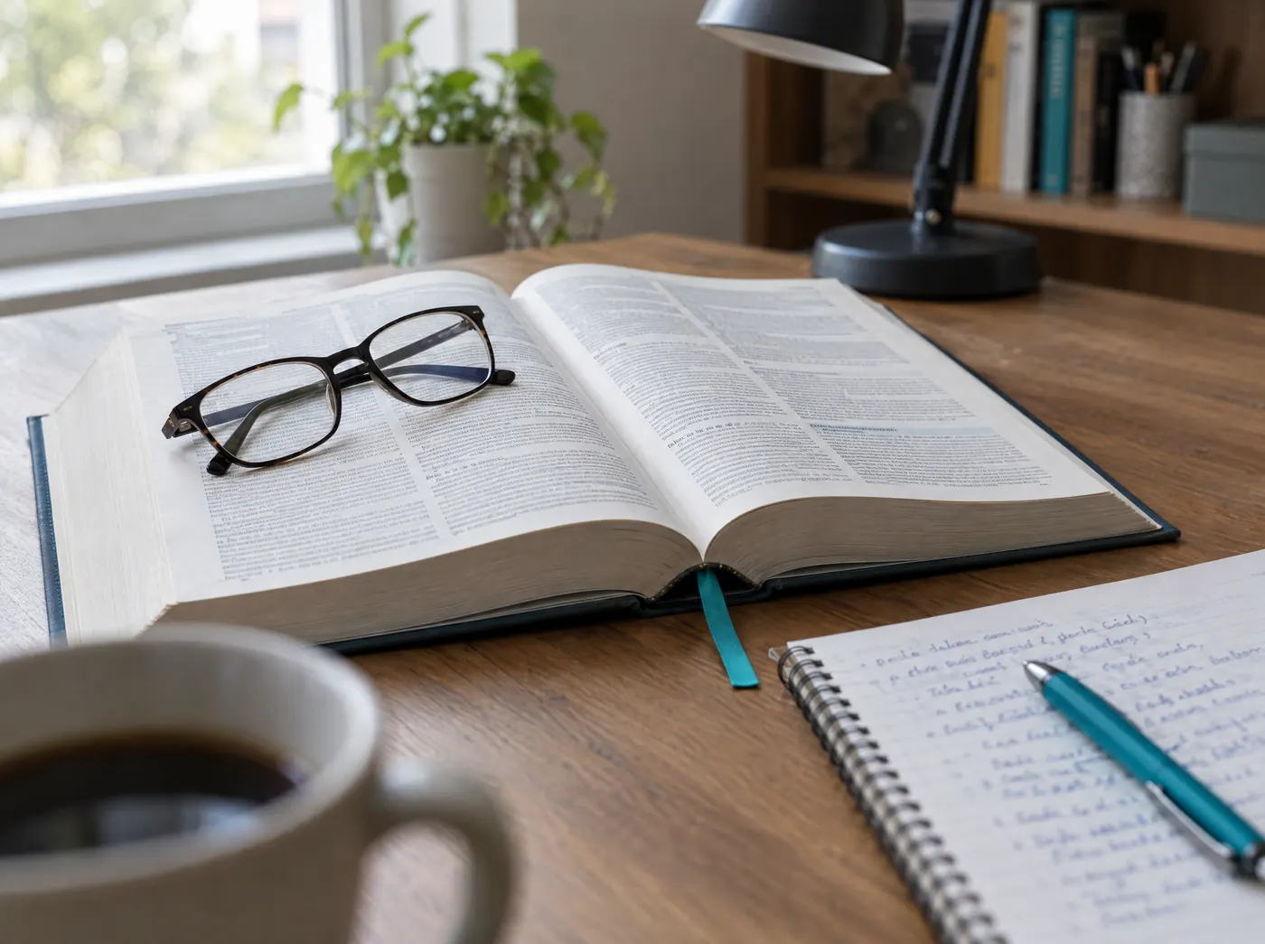Aufgeschlagenes Nachschlagewerk mit Brille und Notizblock auf dem Schreibtisch, Symbolbild für das Gründungs-Glossar