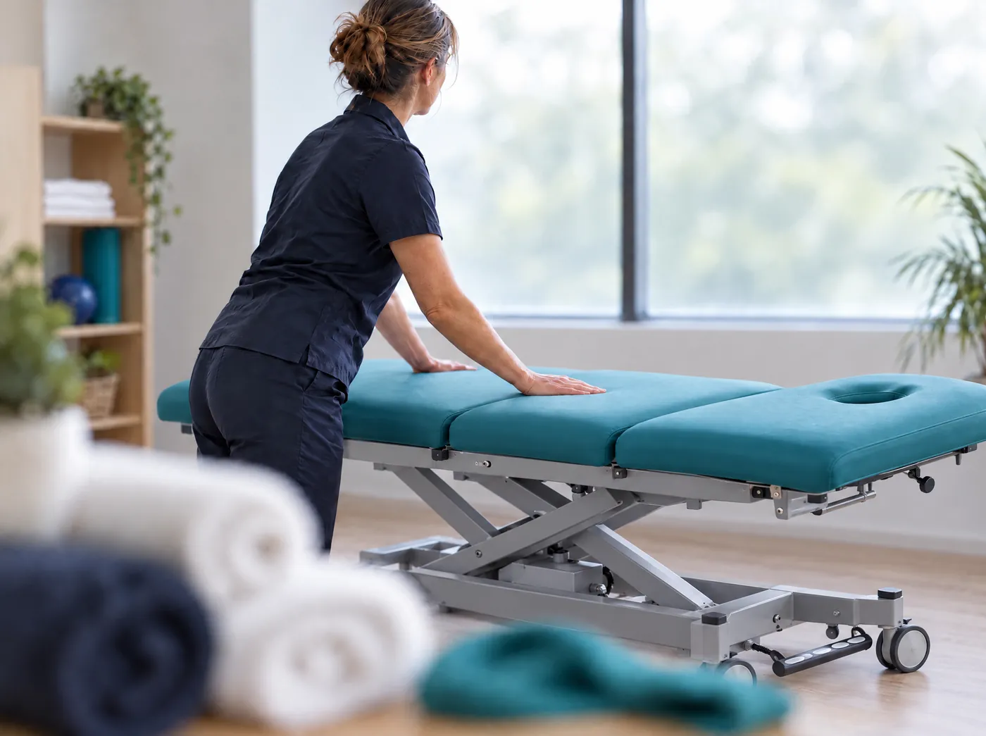 Physiotherapeutin bereitet die Behandlungsliege in ihrer neuen Praxis vor, Symbolbild für AVGS-Gründercoaching