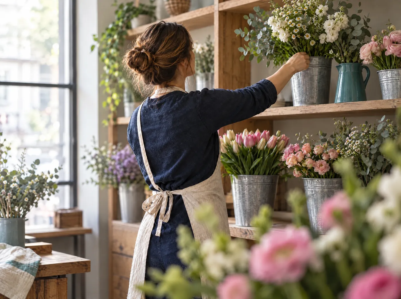 Floristin richtet Blumen im Regal ihres eigenen Ladens, Symbolbild für Existenzgründung
