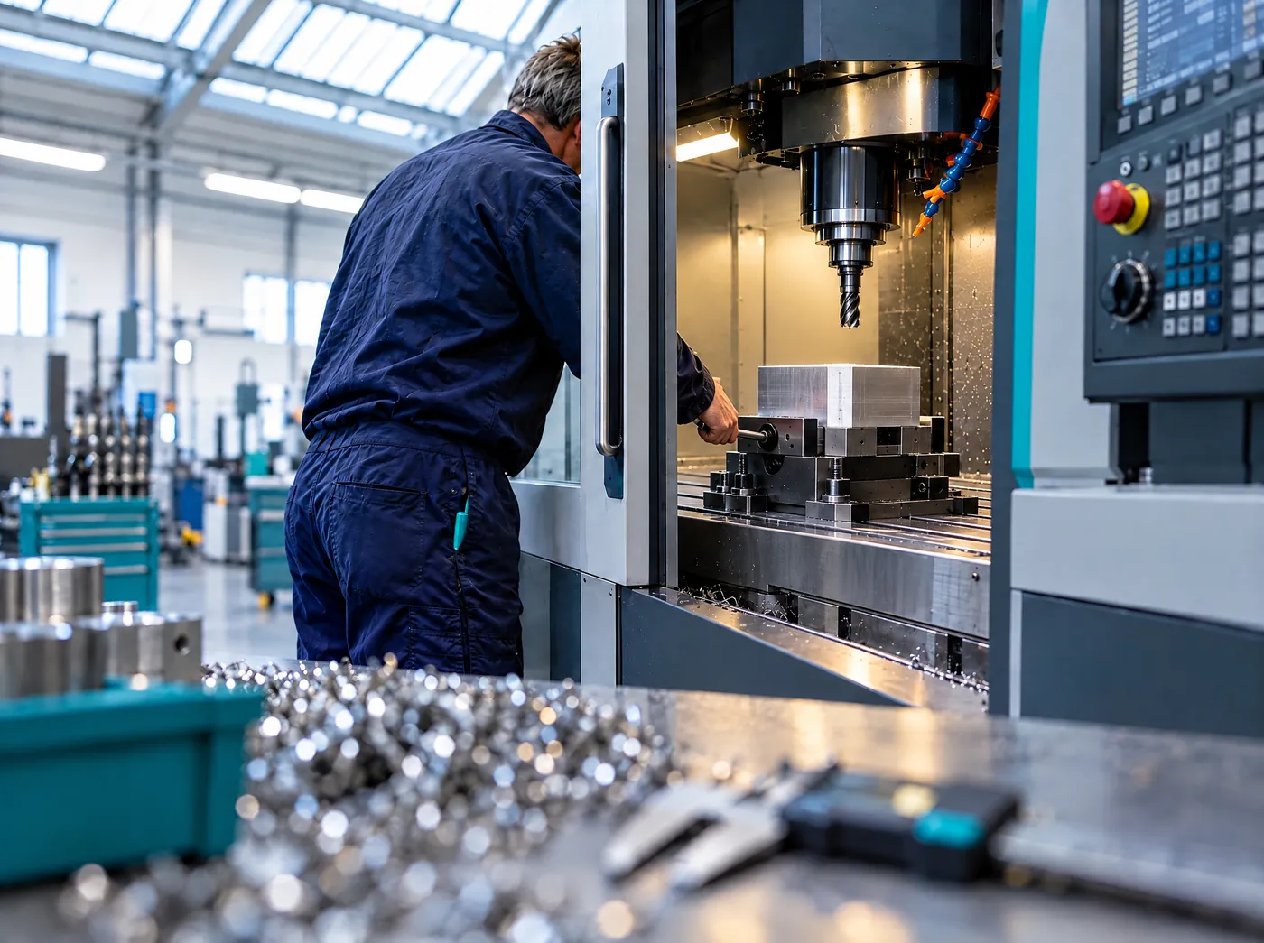 Zerspanungsmechaniker an einer CNC-Fräsmaschine im eigenen Betrieb, Symbolbild für Fördermittelberatung