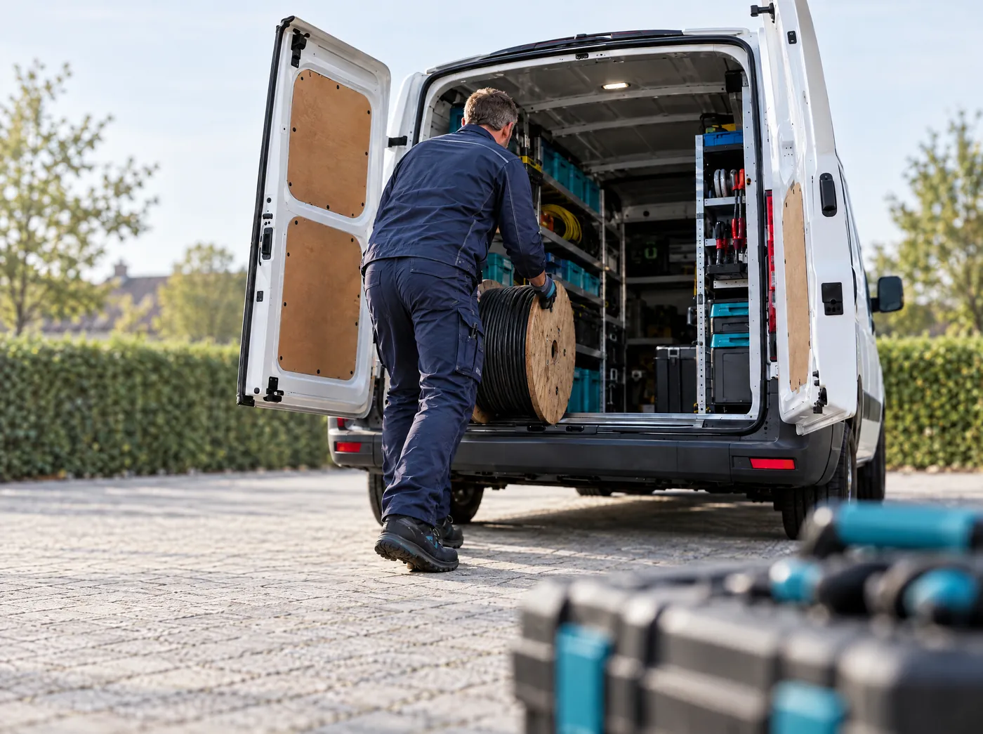 Handwerker lädt eine Kabeltrommel in seinen Servicewagen, Symbolbild für den Gründungszuschuss