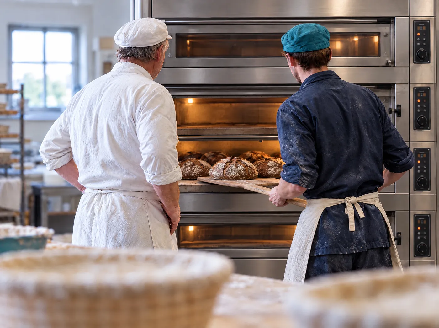 Bäckermeister und Nachfolger holen Brot aus dem Ofen, Symbolbild für Unternehmensnachfolge
