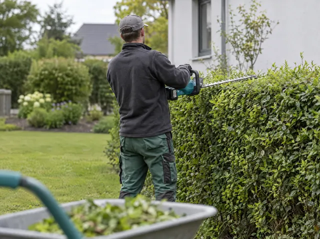 Gärtner schneidet mit der Heckenschere eine Hecke im Vorgarten, Symbolbild zum Ratgeber „AVGS abgelehnt: Begründung nachbessern“