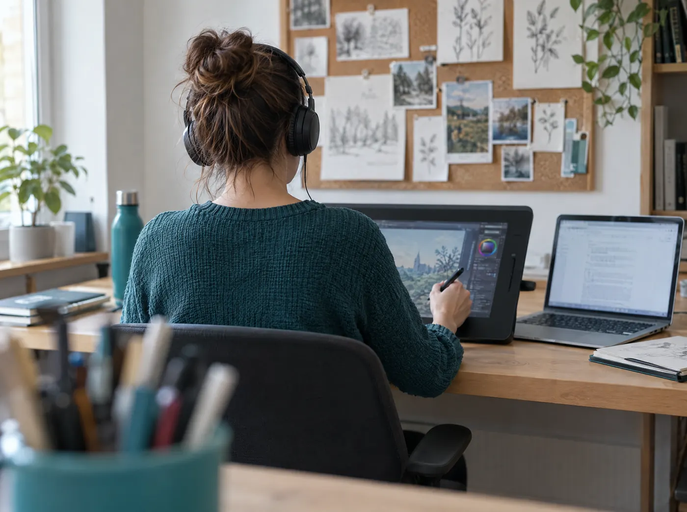 Illustratorin mit Kopfhörern arbeitet am Grafiktablett im Homeoffice, Symbolbild zum Ratgeber „AVGS-Coaching online: wie gut funktioniert das?“