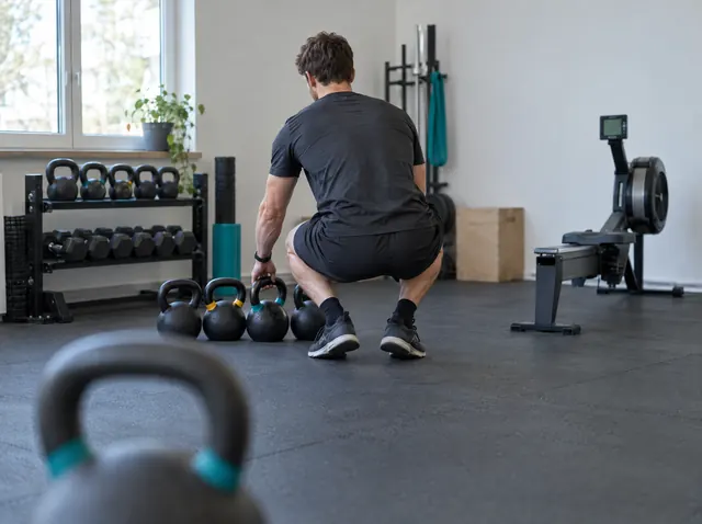 Fitnesstrainer räumt Kettlebells in seinem eigenen Studio auf, Symbolbild zum Ratgeber „AVGS-Gründercoaching: Inhalte und Ablauf“