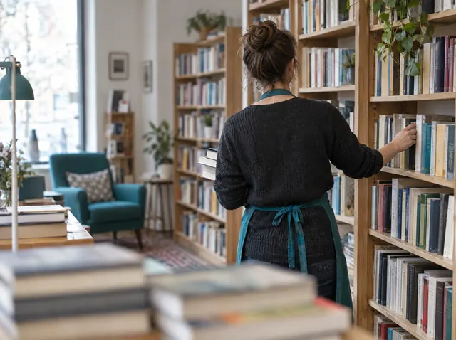 Buchhändlerin sortiert Bücher in ihrem Laden, Symbolbild zum Ratgeber „AVGS-Voraussetzungen erklärt“