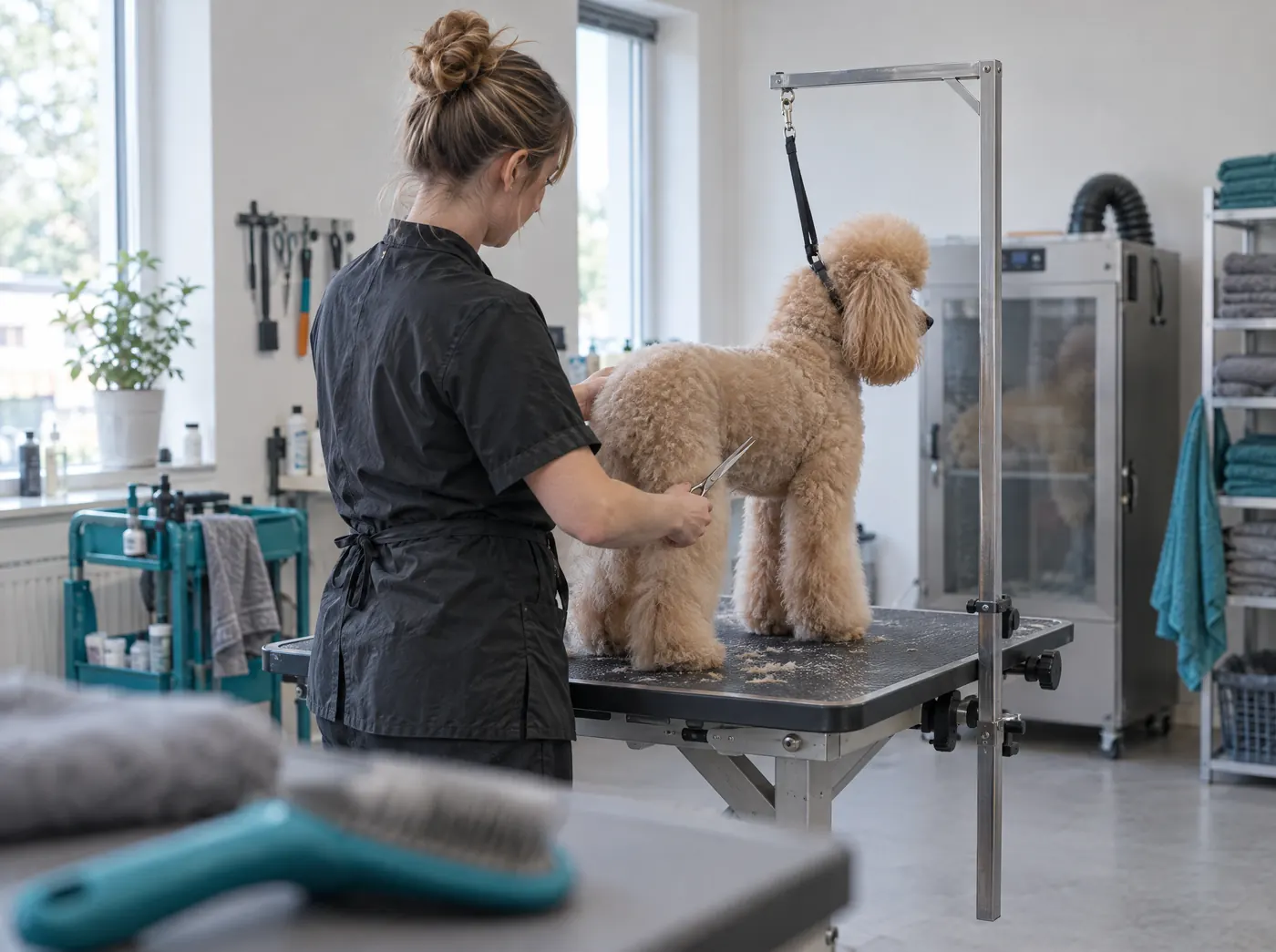 Hundefriseurin trimmt einen Pudel in ihrem Salon, Symbolbild zum Ratgeber „AVGS oder Gründungszuschuss? Beides sinnvoll kombinieren“