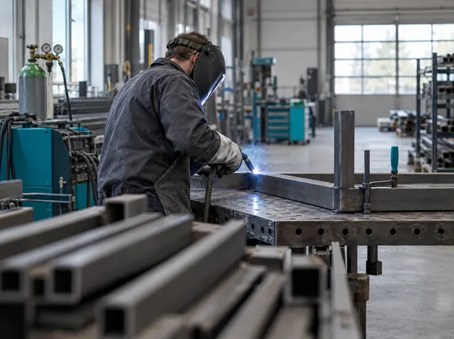 Metallbauer schweißt einen Stahlrahmen in seiner Werkstatt, Symbolbild zum Ratgeber „BAFA-Beratungsförderung: Ablauf und Zuschusshöhe“