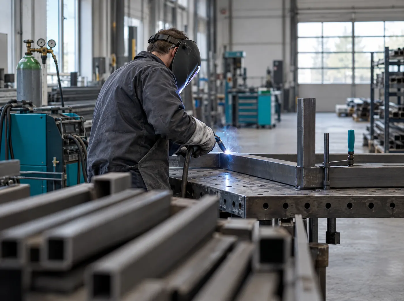 Metallbauer schweißt einen Stahlrahmen in seiner Werkstatt, Symbolbild zum Ratgeber „BAFA-Beratungsförderung: Ablauf und Zuschusshöhe“