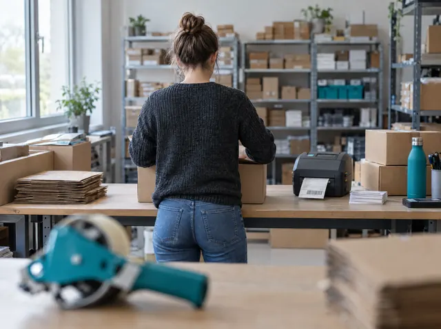 Onlinehändlerin packt Bestellungen am Versandtisch, Symbolbild zum Ratgeber „Businessplan-Aufbau: alle Kapitel im Überblick“