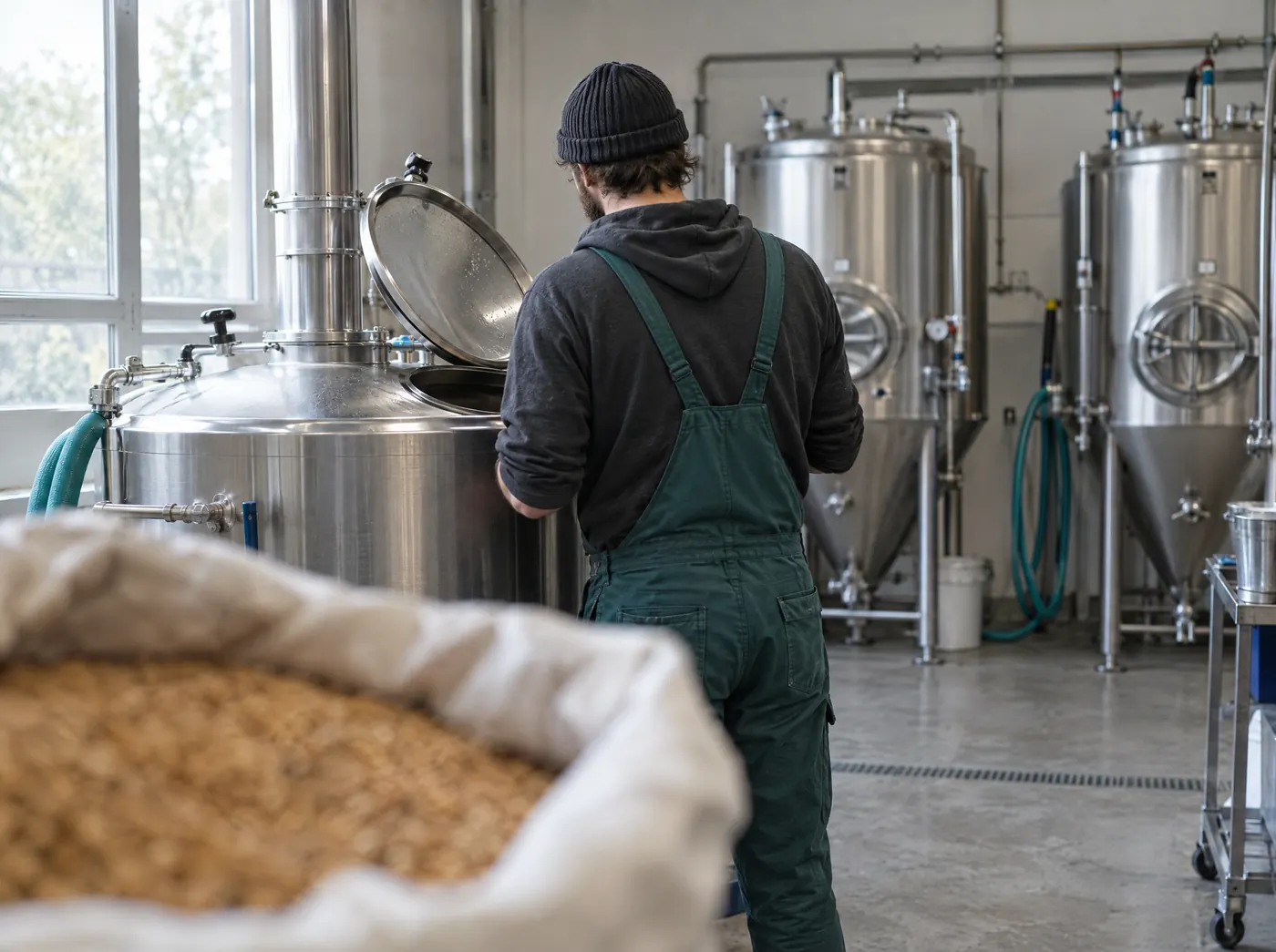 Brauer prüft den Sudkessel seiner Kleinbrauerei, Symbolbild zum Ratgeber „Businessplan-Beispiele, was einen tragfähigen Plan ausmacht“