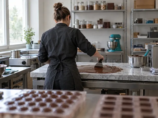 Chocolatière temperiert Schokolade auf einer Marmorplatte, Symbolbild zum Ratgeber „Die häufigsten Fehler im Businessplan“