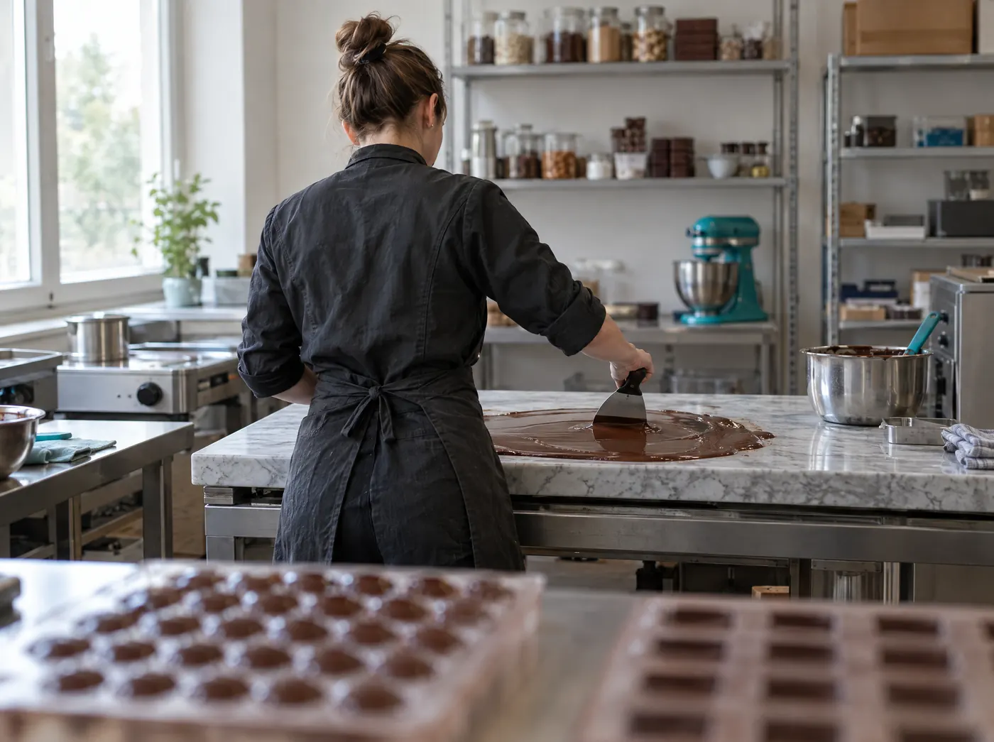 Chocolatière temperiert Schokolade auf einer Marmorplatte, Symbolbild zum Ratgeber „Die häufigsten Fehler im Businessplan“