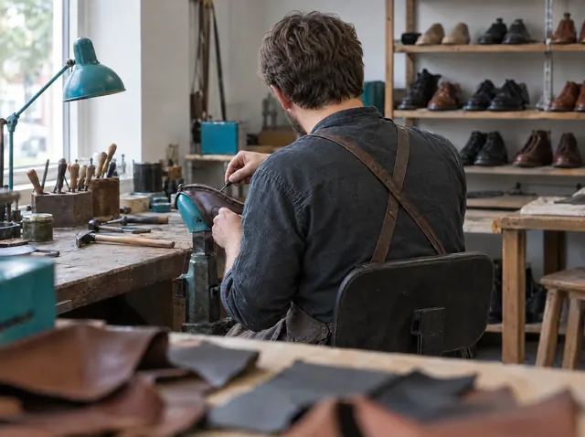 Schuhmacher repariert einen Schuh in seiner Werkstatt, Symbolbild zum Ratgeber „Einstiegsgeld beantragen: Ablauf, Voraussetzungen, Höhe“