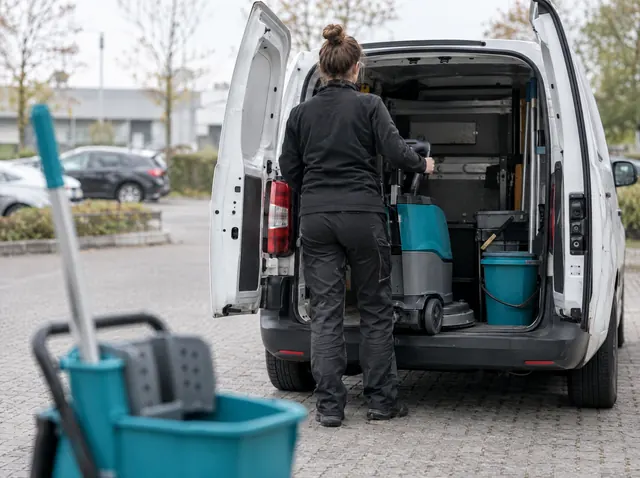 Gebäudereinigerin belädt ihren Transporter mit Reinigungsgeräten, Symbolbild zum Ratgeber „Einstiegsgeld oder Gründungszuschuss: was passt zu wem?“
