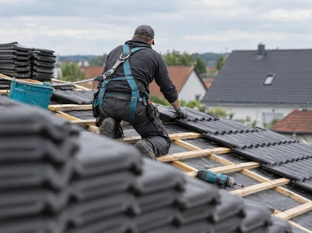 Dachdecker deckt ein Steildach mit Ziegeln ein, Symbolbild zum Ratgeber „Fachkundige Stellungnahme: wer sie ausstellt, Kosten, Ablauf“