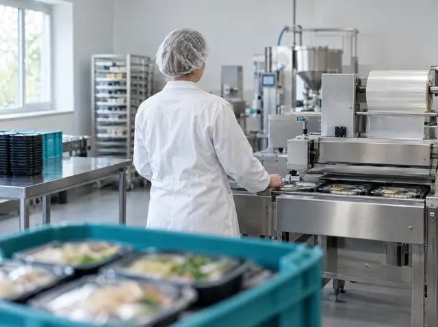 Lebensmitteltechnikerin bedient eine Verpackungsanlage für Fertiggerichte, Symbolbild zum Ratgeber „Fördermittel für KMU: welche Töpfe es gibt“