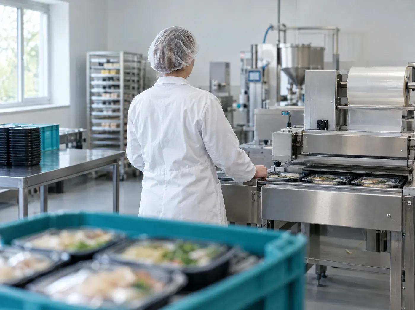 Lebensmitteltechnikerin bedient eine Verpackungsanlage für Fertiggerichte, Symbolbild zum Ratgeber „Fördermittel für KMU: welche Töpfe es gibt“