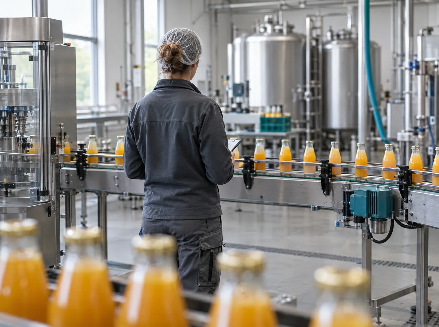 Produktionsleiterin kontrolliert eine Saftabfüllanlage, Symbolbild zum Ratgeber „Förderung für Unternehmensoptimierung und Wachstum“