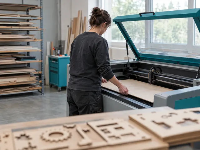 Gründerin legt eine Holzplatte in den Laserschneider, Symbolbild zum Ratgeber „GmbH gründen: Kosten 2026 im Überblick“