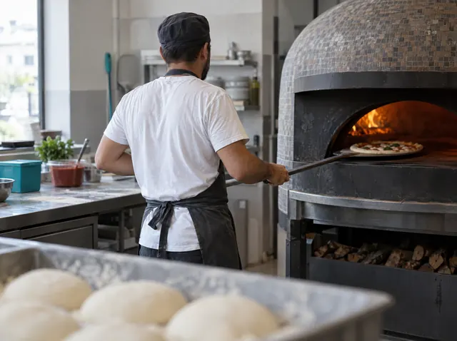 Pizzabäcker schiebt eine Pizza in den Holzofen, Symbolbild zum Ratgeber „Gründungsberatung: was sie bringt und wann sie sich lohnt“