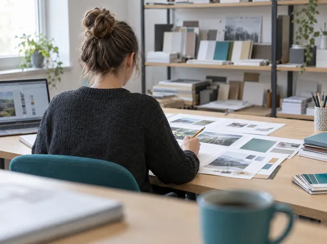 Innenarchitektin arbeitet an Material- und Entwurfsmustern, Symbolbild zum Ratgeber „Gründungszuschuss abgelehnt: Widerspruch und nächste Schritte“