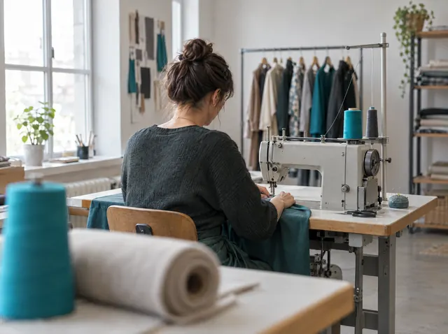 Modedesignerin näht an der Nähmaschine in ihrem Atelier, Symbolbild zum Ratgeber „Gründungszuschuss beantragen 2026: Antrag Schritt für Schritt“