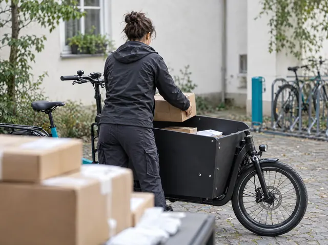Kurierfahrerin belädt ihr Lastenrad mit Paketen, Symbolbild zum Ratgeber „Gründungszuschuss: Höhe und Dauer“