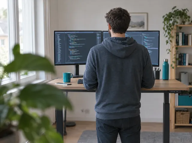 Softwareentwickler arbeitet am Stehschreibtisch mit zwei Monitoren, Symbolbild zum Ratgeber „Gründungszuschuss ohne Arbeitslosigkeit - geht das?“