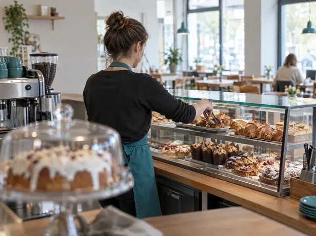 Café-Inhaberin richtet Gebäck in der Kuchentheke an, Symbolbild zum Ratgeber „Gründungszuschuss Phase 2: 300-Euro-Aufstockung sichern“