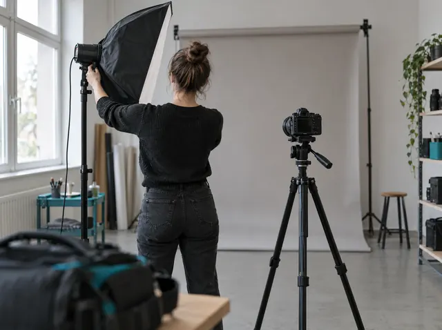 Fotografin richtet das Licht in ihrem Fotostudio ein, Symbolbild zum Ratgeber „Gründungszuschuss: der richtige Zeitpunkt zum Beantragen“