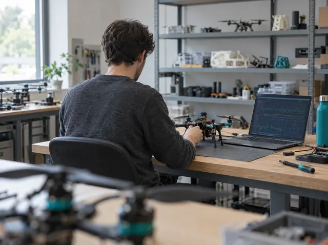 Entwickler baut Drohnen-Prototypen in seiner Werkstatt, Symbolbild zum Ratgeber „InnoStartBonus: Gründerstipendium in Sachsen“