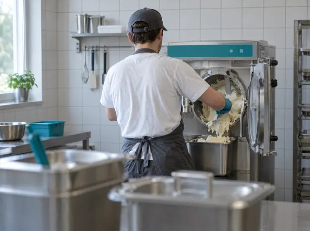 Eismacher füllt frisches Eis aus der Eismaschine, Symbolbild zum Ratgeber „KfW-Startgeld beantragen, Antragsweg über die Hausbank“