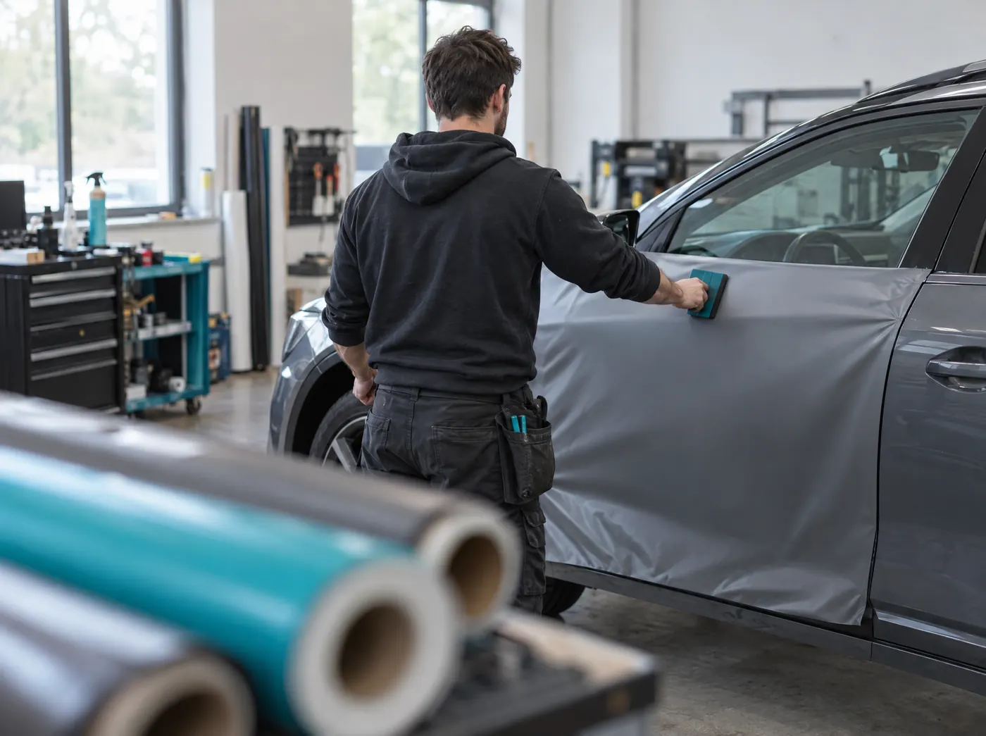 Fahrzeugfolierer beklebt eine Autotür mit Folie, Symbolbild zum Ratgeber „KfW-Startgeld: Voraussetzungen und Konditionen“