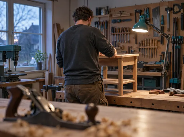 Tischler baut einen Hocker in seiner Werkstatt, Symbolbild zum Ratgeber „Nebenberuflich gründen: was Sie beachten müssen“