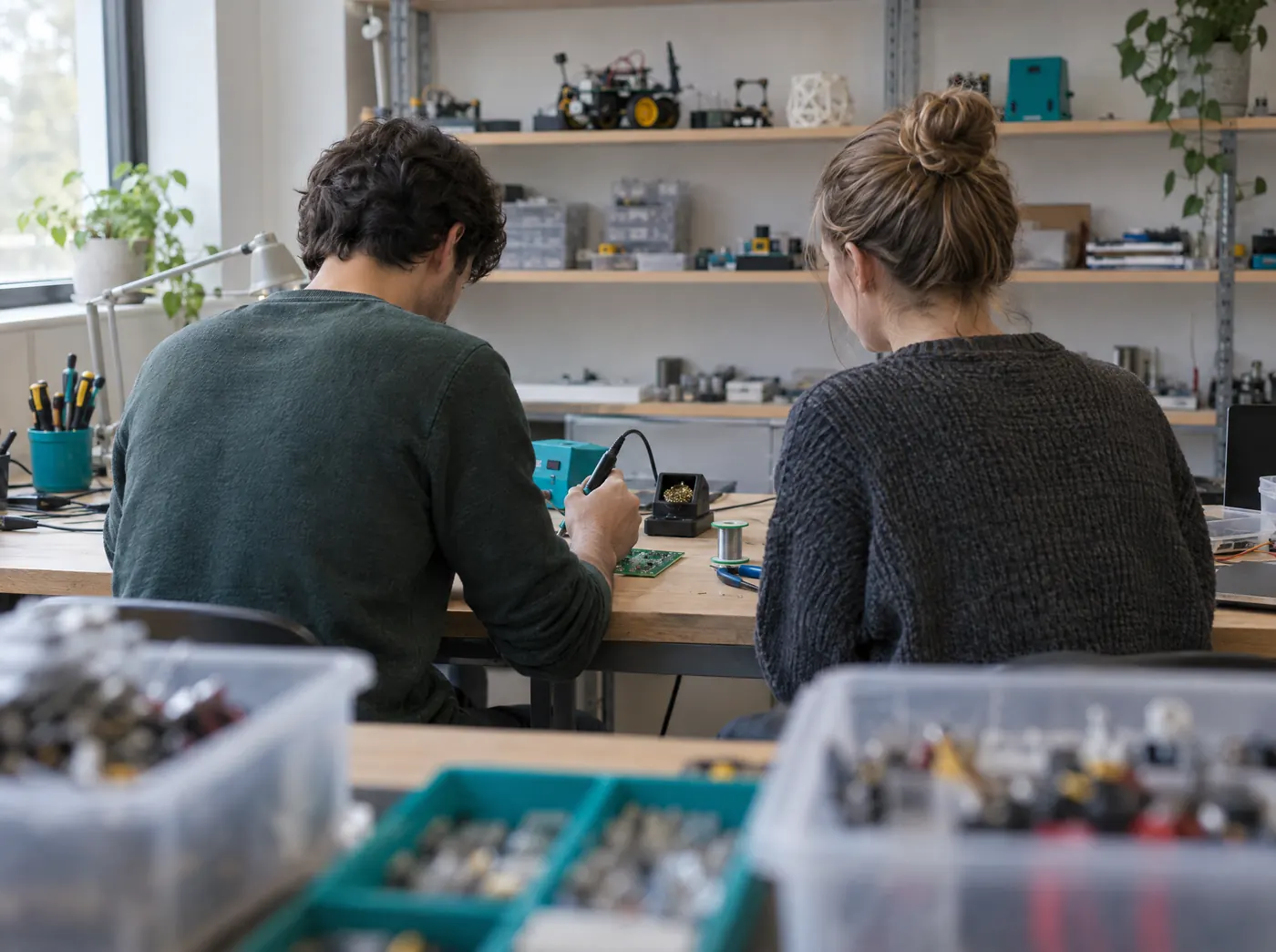 Zwei Gründer löten Elektronik in ihrer gemeinsamen Werkstatt, Symbolbild zum Ratgeber „Die passende Rechtsform für Ihre Gründung wählen“