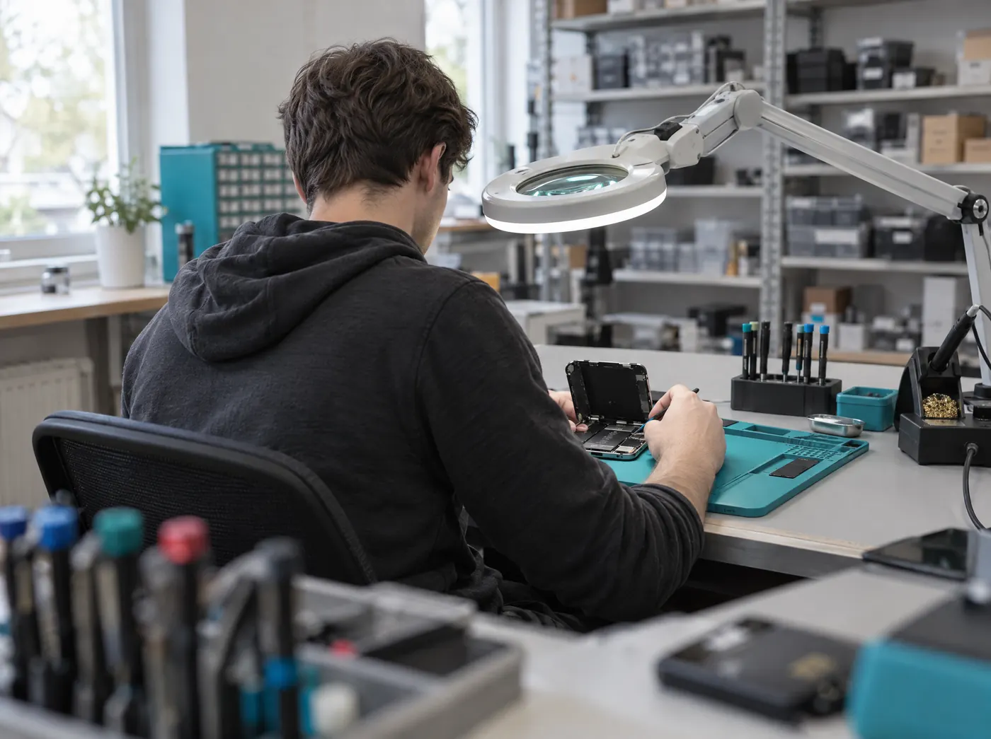 Gründer repariert Smartphones an seinem Arbeitsplatz, Symbolbild zum Ratgeber „UG gründen: Ablauf, Kosten und Rücklagepflicht“