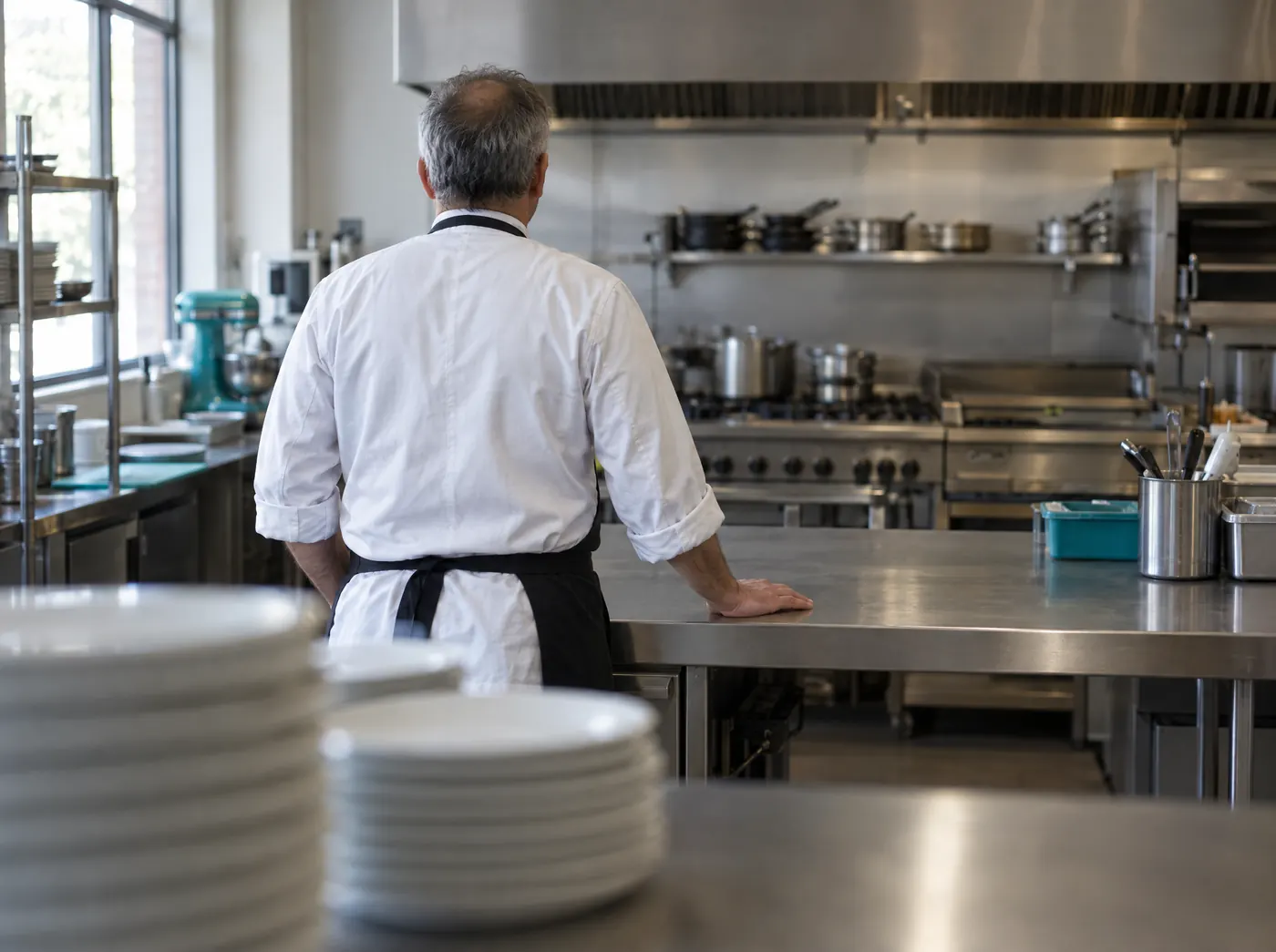 Küchenchef blickt in die Küche seines Restaurants, Symbolbild zum Ratgeber „Unternehmen verkaufen: Ablauf, Bewertung, Steuern“