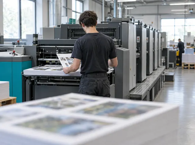 Drucker prüft einen Bogen an der Offsetdruckmaschine, Symbolbild zum Ratgeber „Unternehmensnachfolge finanzieren: die Käufer-Sicht“