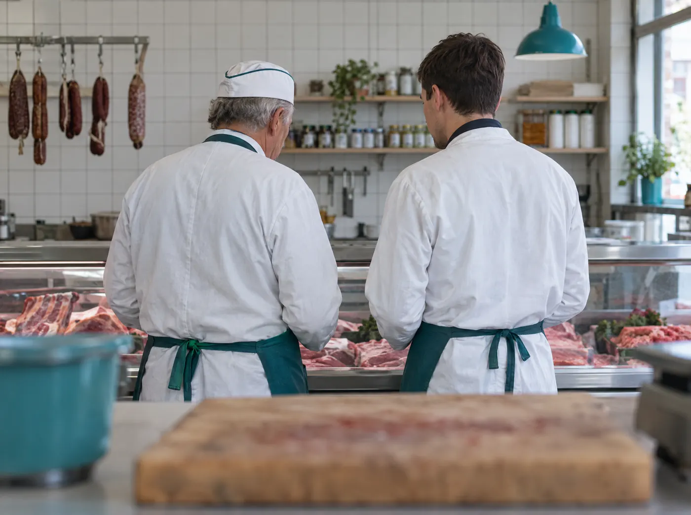 Fleischermeister und Nachfolger in der Metzgerei, Symbolbild zum Ratgeber „Unternehmensnachfolge und Steuern“