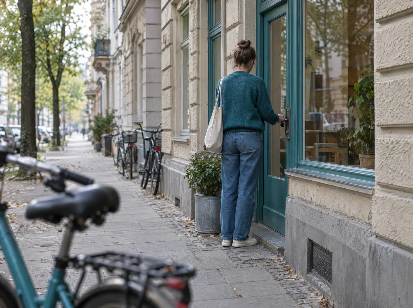 Gründerin schließt am Morgen die Tür ihres neuen Ladens in einem Altbau auf, Symbolbild für Gründungsberatung in Leipzig und Halle (Saale)