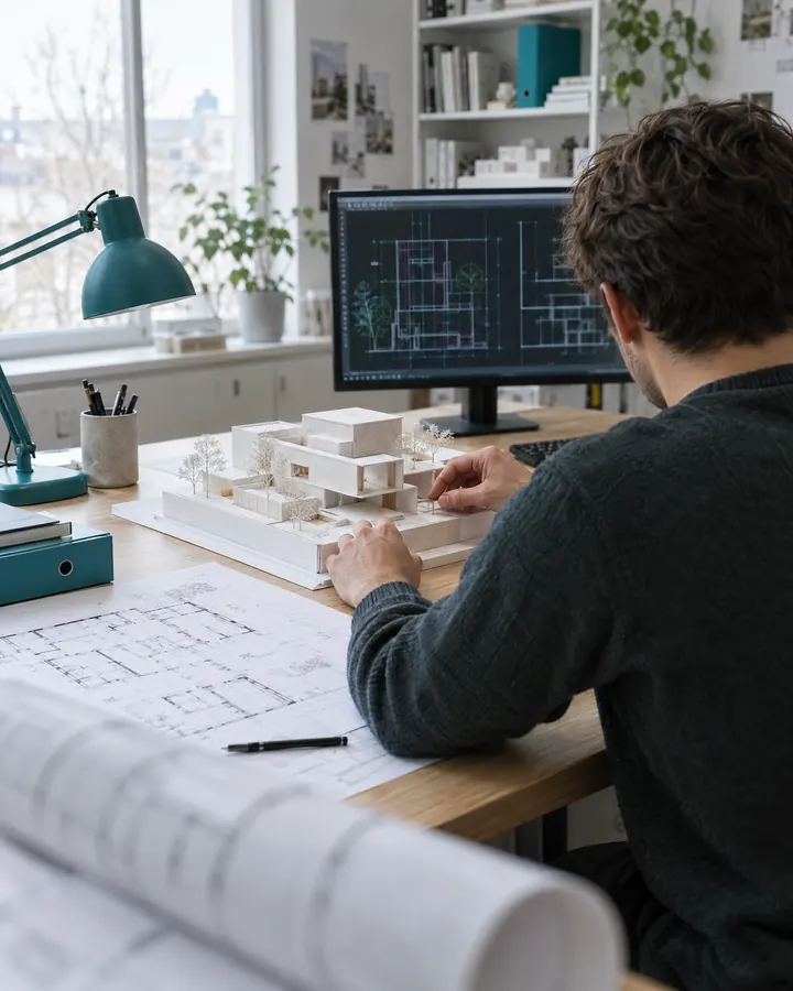 Gründer arbeitet an einem Architekturmodell