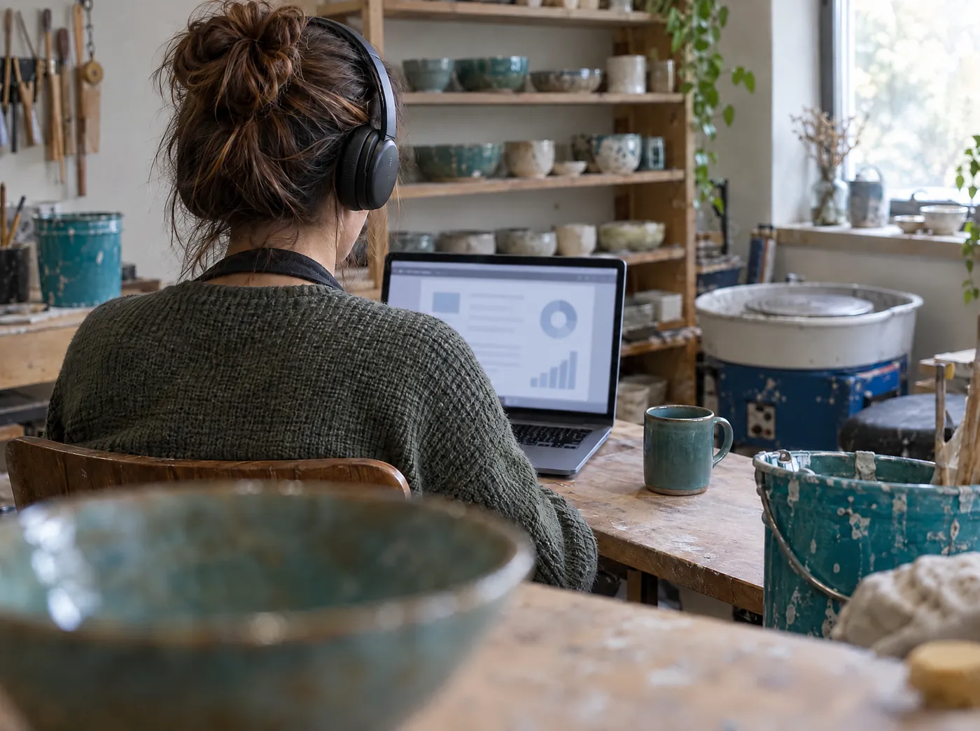 Gründerin in ihrer Keramikwerkstatt beim Online-Termin