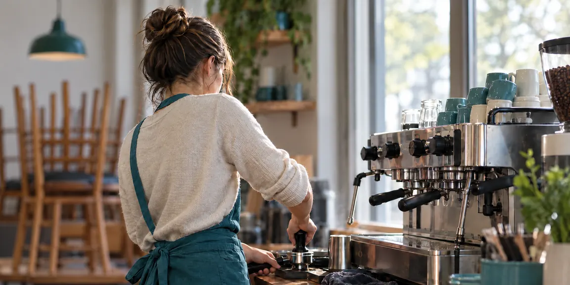 Gründerin an der Siebträgermaschine ihres Cafés